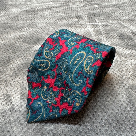 Dillard's Other - Dillards by Stonehenge Mens Silk Tie Red Teal Gold Paisley Hand Sewn Necktie